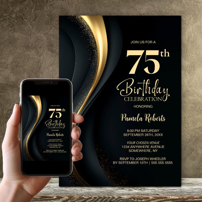 Convite Black and Gold 75th Birthday Party (Criador carregado)