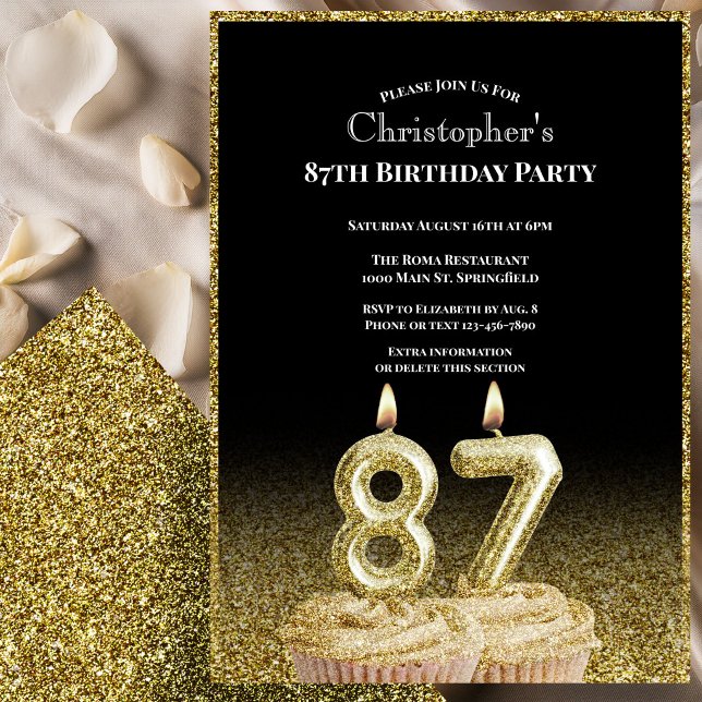 Convite Black and Gold 87th Birthday Invitation For Him (Criador carregado)