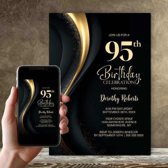 Convite Black and Gold 95th Birthday Party (Criador carregado)