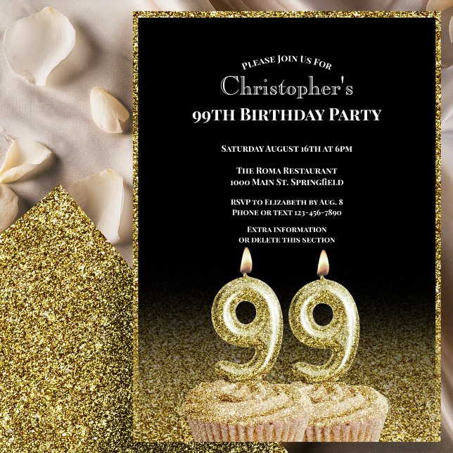 Convite Black and Gold 99th Birthday Invitation For Him (Criador carregado)