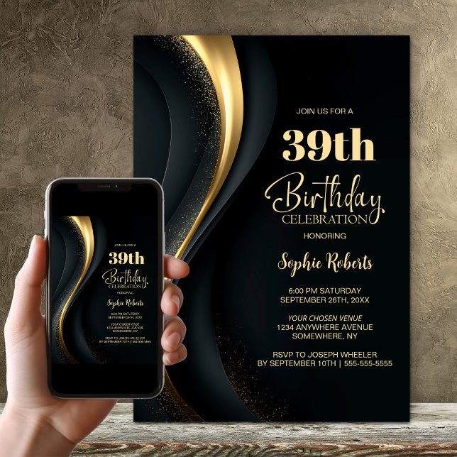 Convite Black and Gold Any Age Birthday Party (Criador carregado)