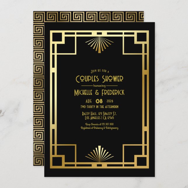 Convite Black and Gold Art Deco Couples Shower Photo (Frente/Verso)