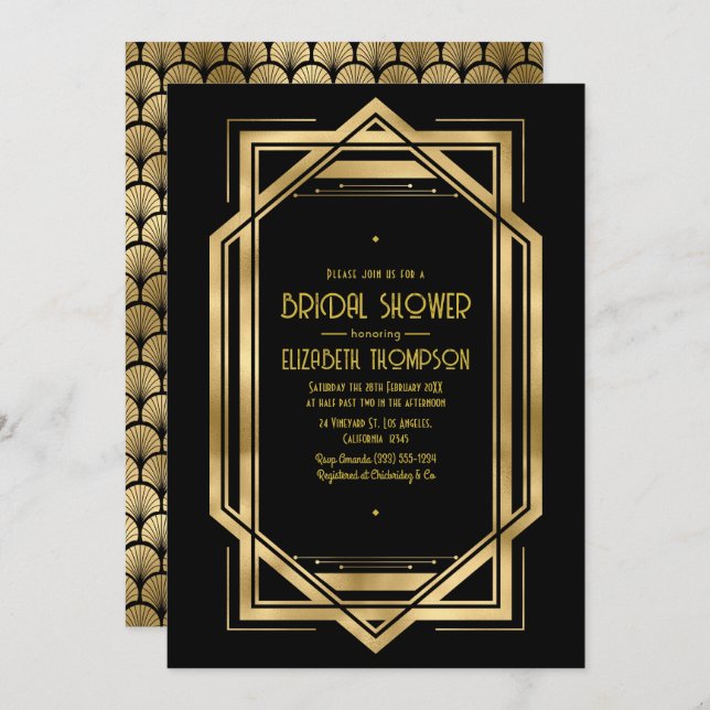 Convite Black and Gold Art Deco Gold Bridal Shower (Frente/Verso)