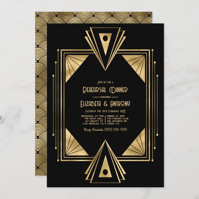 Convite Black and Gold Art Deco Gold Rehearsal Dinner (Frente/Verso)