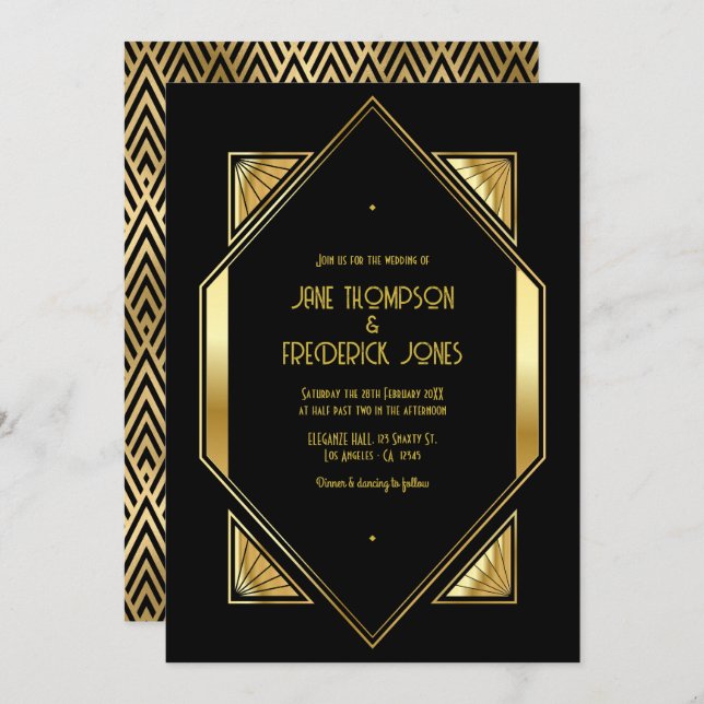 Convite Black and Gold Art Deco Gold Wedding Photo (Frente/Verso)