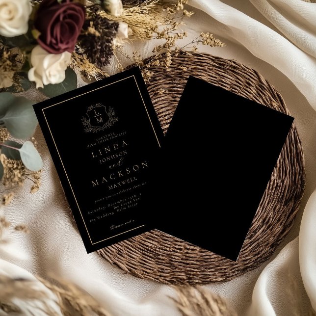 Convite Black and gold botanical crest monogram wedding (Criador carregado)
