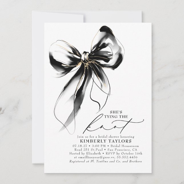 Convite Black and Gold Bow Elegant Whimsical Bridal Shower (Frente)