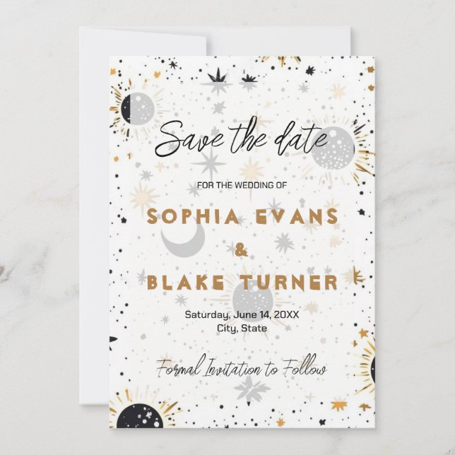 Convite Black and Gold Celestial Wedding Save the Date  (Frente)