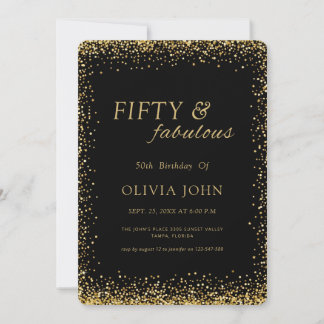 Convite Black and Gold Confetti Fifty & Fabulous Birthday