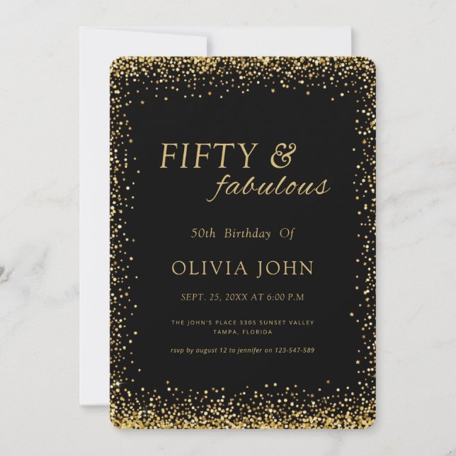 Convite Black and Gold Confetti Fifty & Fabulous Birthday (Frente)