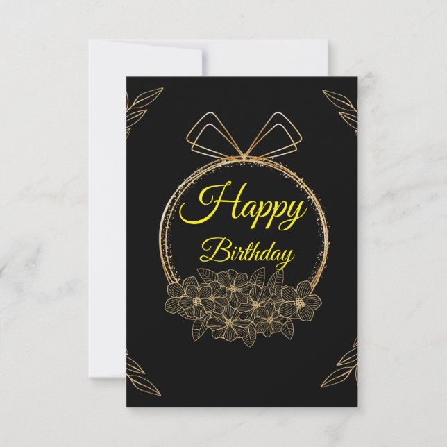 Convite Black and Gold Floral Wreath Birthday Card (Frente)