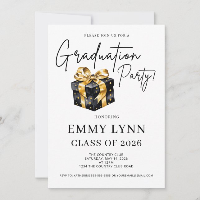 Convite Black and Gold Gift Class of 2026 Graduation Party (Frente)