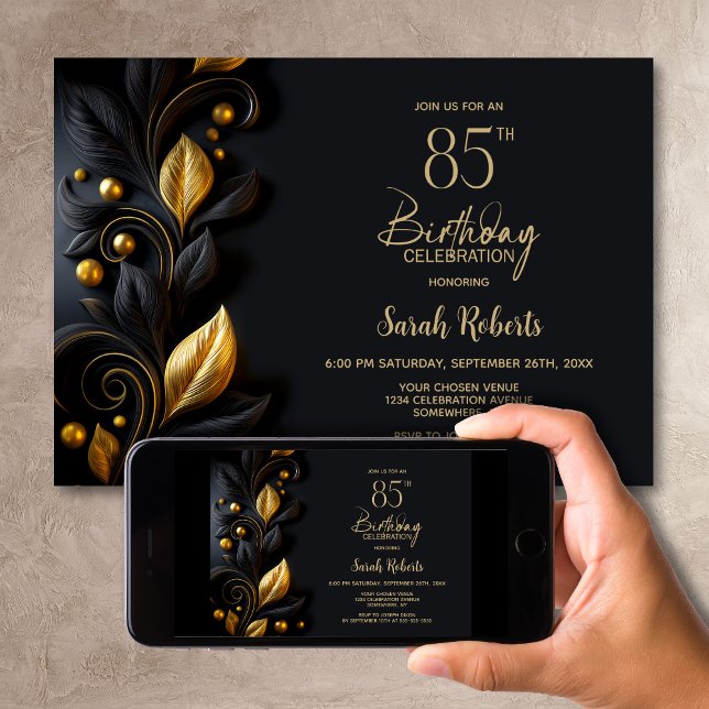 Convite Black and Gold Leaves 85th Birthday Party (Criador carregado)