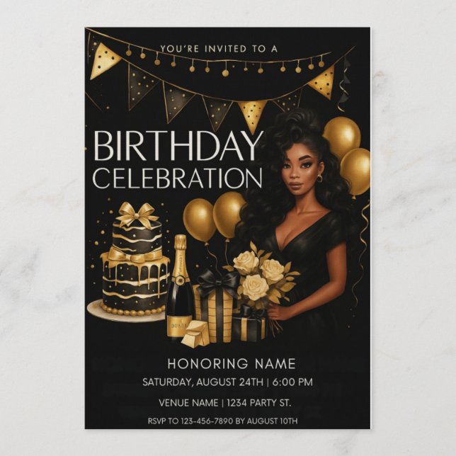 Convite Black and Gold Luxury Birthday Invitation (Frente)
