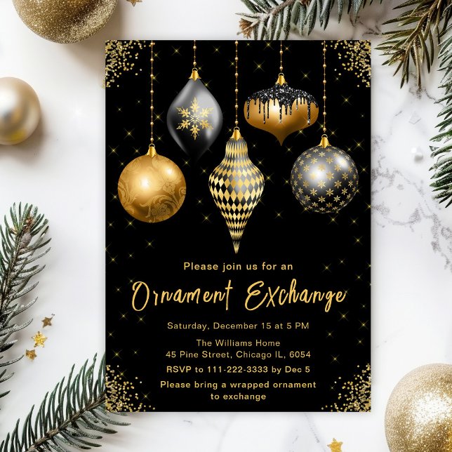 Convite Black and Gold Ornament Exchange Party (Criador carregado)