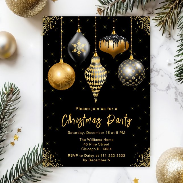 Convite Black and Gold Ornaments Christmas Party (Criador carregado)