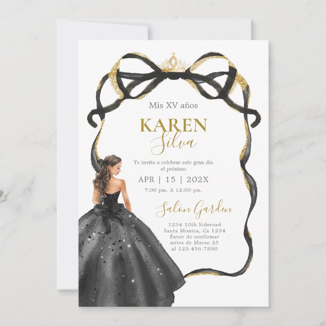 Convite Black and Gold Quinceanera Invitation (Frente)