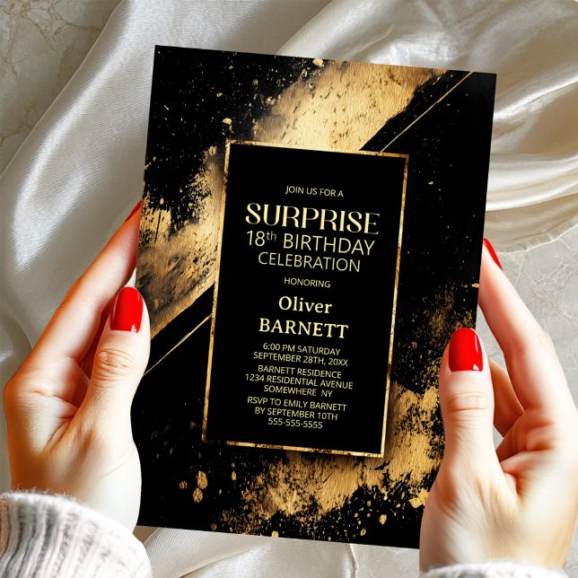 Convite Black and Gold Surprise 18th Birthday Party (Criador carregado)