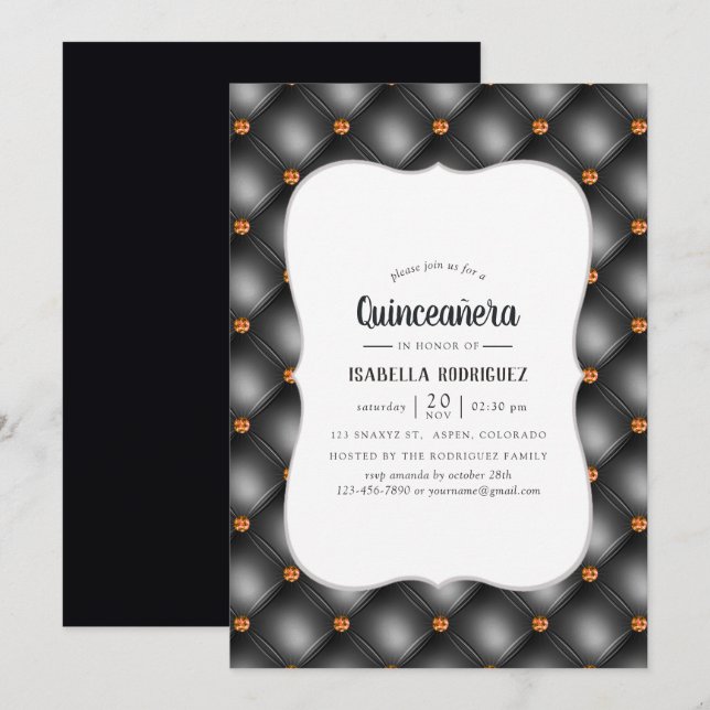 Convite Black and Orange Gem Faux Leather Quinceañera (Frente/Verso)