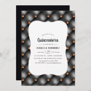 Convite Black and Orange Gem Faux Leather Quinceañera
