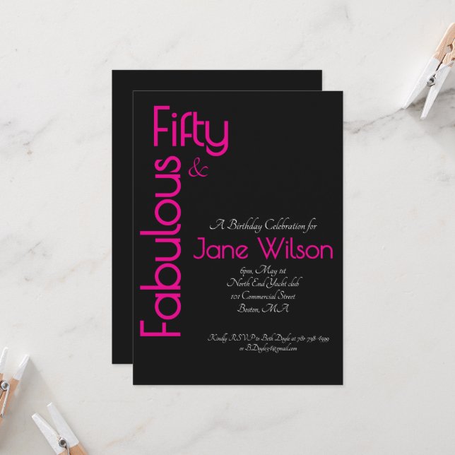 Convite Black and Pink Elegant 50th Birthday Invitation (Frente/Verso In Situ)