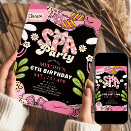 Convite Black and Pink Retro Daisy Spa Party Birthday