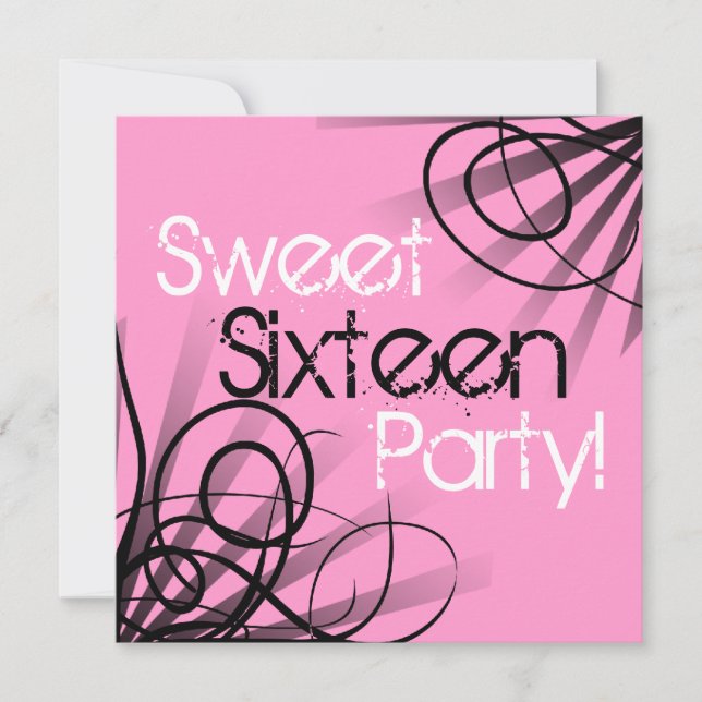 Convite Black and Pink Swirl Sweet 16 Birthday Personalize (Frente)