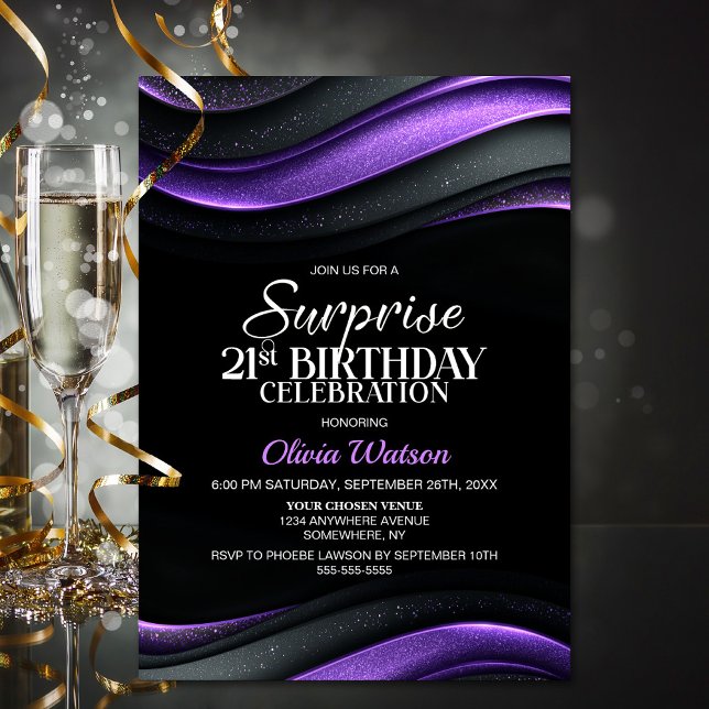 Convite Black and Purple Surprise 21st Birthday Party (Criador carregado)