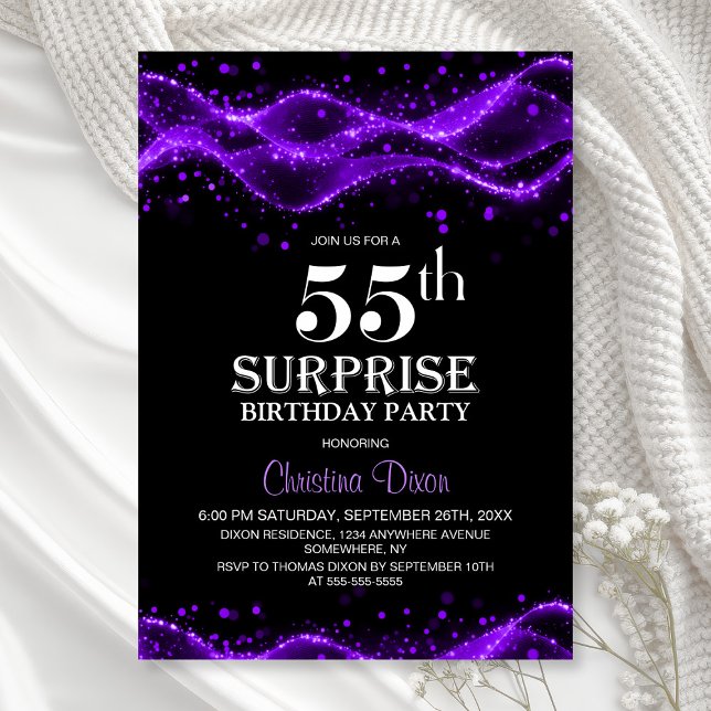 Convite Black and Purple Surprise 55th Birthday Party (Criador carregado)