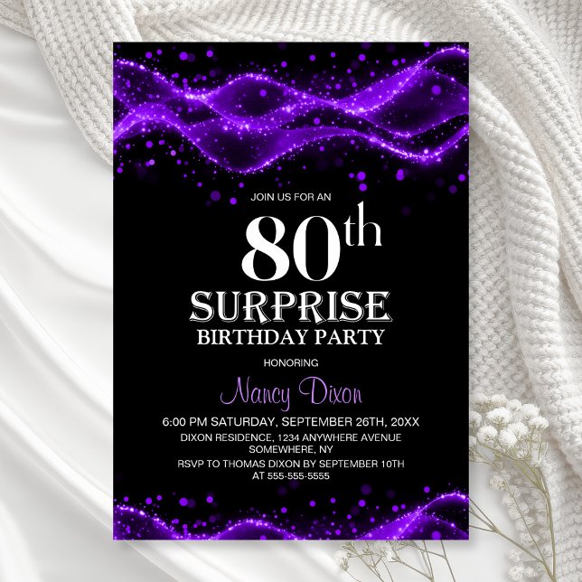Convite Black and Purple Surprise 80th Birthday Party (Criador carregado)