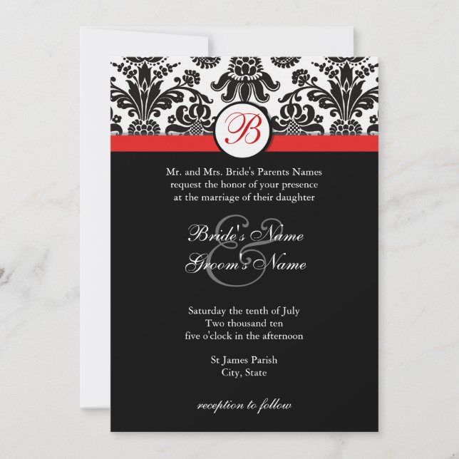 Convite Black and Red Damask Wedding Invitation (Frente)