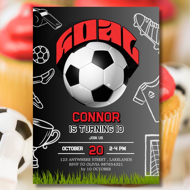 Convite Black and Red Soccer Ball Birthday Party  (Criador carregado)