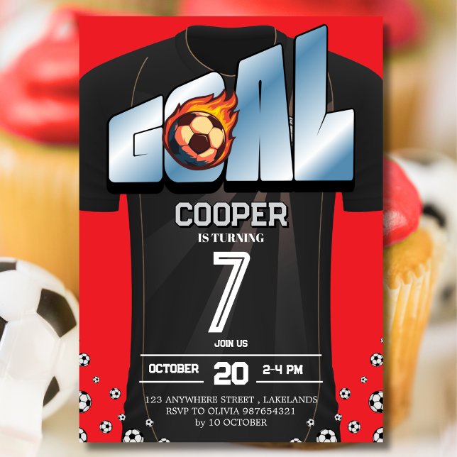 Convite Black and Red Soccer Shirt Birthday Party  (Criador carregado)