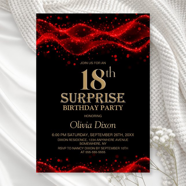 Convite Black and Red Surprise 18th Birthday Party (Criador carregado)