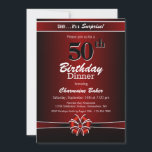 Convite Black and Red Surprise 50th Birthday Festa de Jant<br><div class="desc">Convite de festas de 50 anos de janto,  vibrante,  vermelho e preto,  com texto branco e fita e arco vermelho e branco. Substitua os detalhes deste convite por você para criar o convite de aniversário surpresa perfeito para o seu evento.</div>