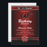 Convite Black and Red Surprise 60th Birthday Festa de Jant<br><div class="desc">Um vibrante convite de festas de 60 anos de janto,  vermelho e preto,  com texto branco e uma fita e arco vermelho e branco. Substitua os detalhes deste convite por você para criar o convite de aniversário surpresa perfeito para o seu evento.</div>
