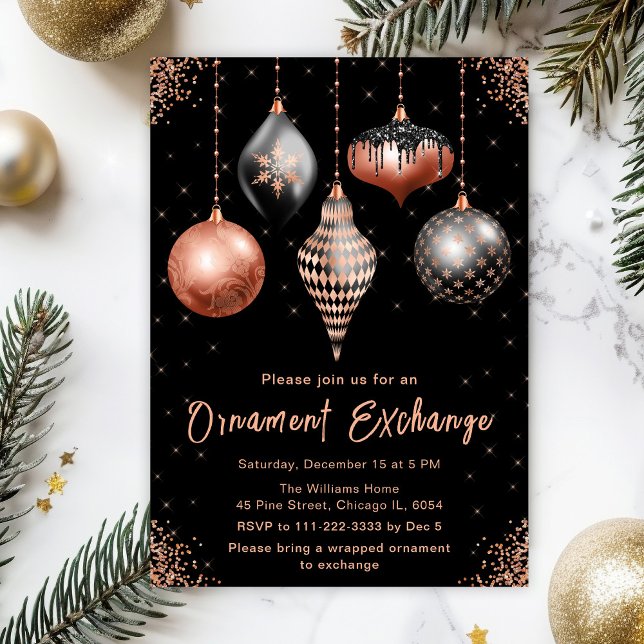 Convite Black and Rose Gold Ornament Exchange Party (Criador carregado)