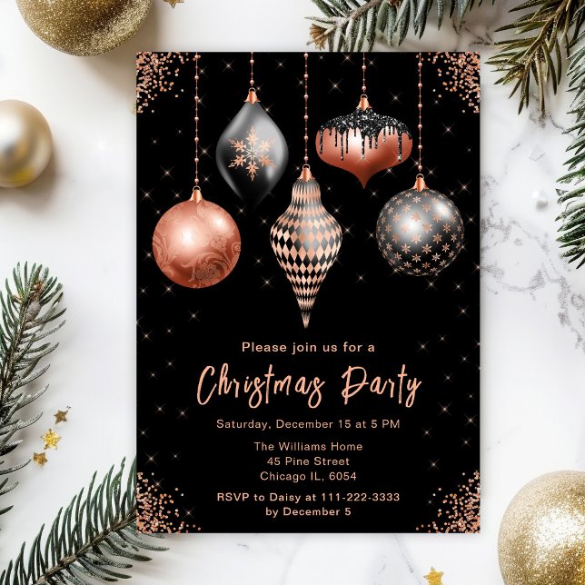 Convite Black and Rose Gold Ornaments Christmas Party (Criador carregado)
