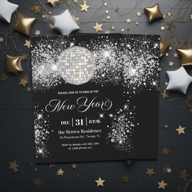 Convite Black and Silver Glitter New Year's Eve Party  (Criador carregado)