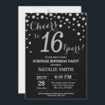 Convite Black and Silver Surprise 16th Birthday Diamond<br><div class="desc">Surpreenda o 16º Convite de Aniversário com o Fundo de Diamante de Glitter Negro e Silver. Prata Confetti.Aniversário de crianças. Menina ou Menina Adolescente Dama de Aniversário.
Para mais personalização,  clique no botão "Personalizar" e use a ferramenta design para modificar este modelo.</div>