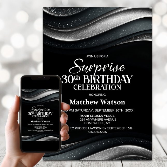 Convite Black and Silver Surprise 30th Birthday Party (Criador carregado)