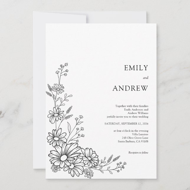 Convite Black and White Botanical Daisy Garden Wedding (Frente)