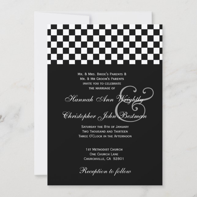 Convite Black and White Checks Casamento Metálico 32 (Frente)