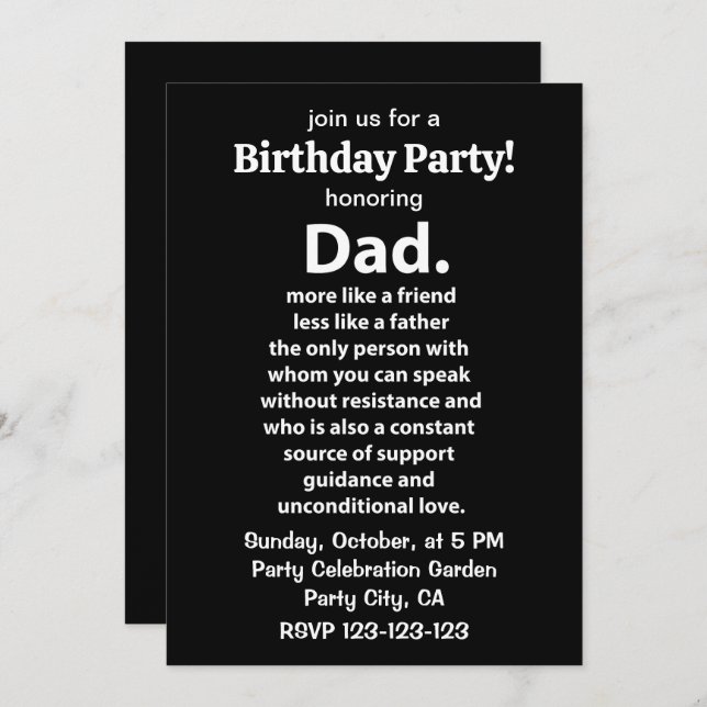 Convite Black and White Dad Daddy Quote Birthday Party (Frente/Verso)