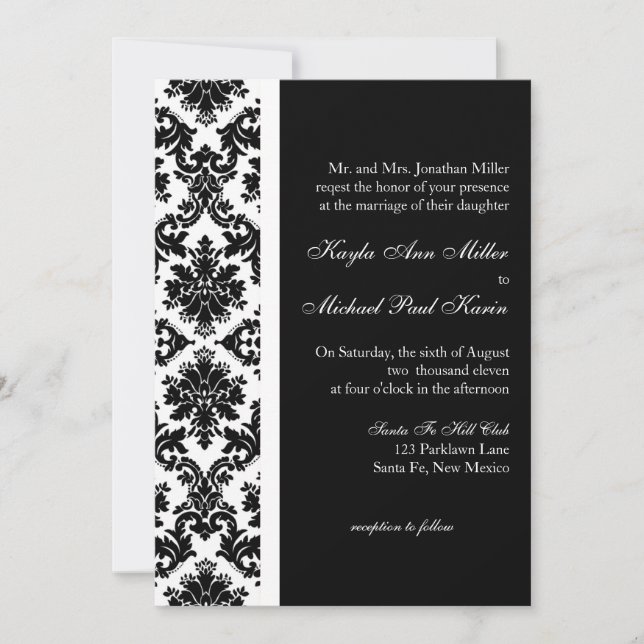 Convite Black and White Damask Wedding Invitation (Frente)