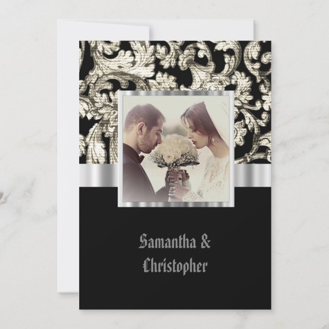 Convite Black and white damask wedding photo invitation (Verso)