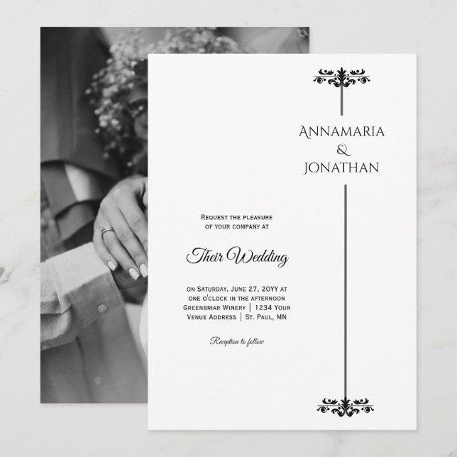 Convite Black and White Elegant Minimalist Photo Wedding | (Frente/Verso)