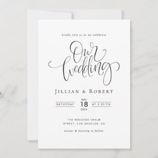 Convite black and white elegant script wedding invitation