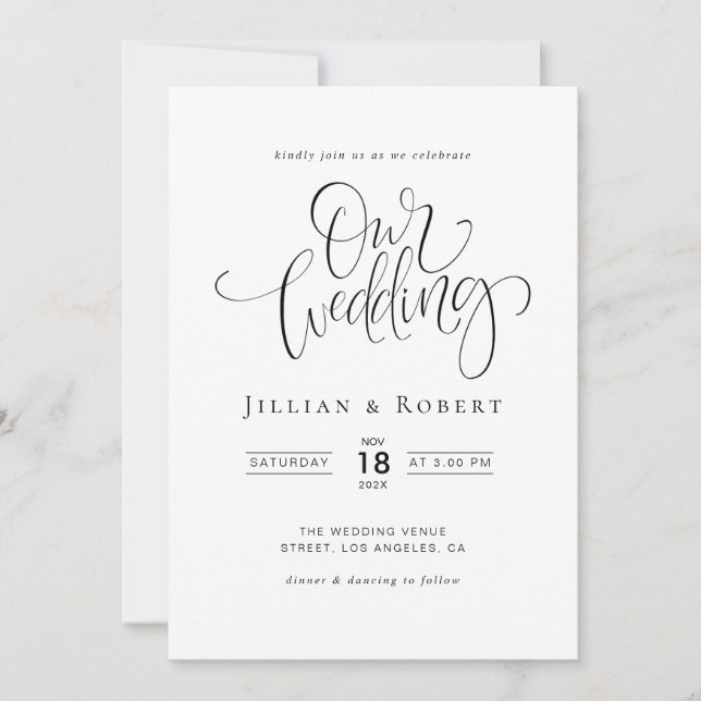 Convite black and white elegant script wedding invitation (Frente)