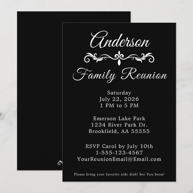 Convite Black and White Family Reunion Elegant Script  Inv (Frente/Verso)